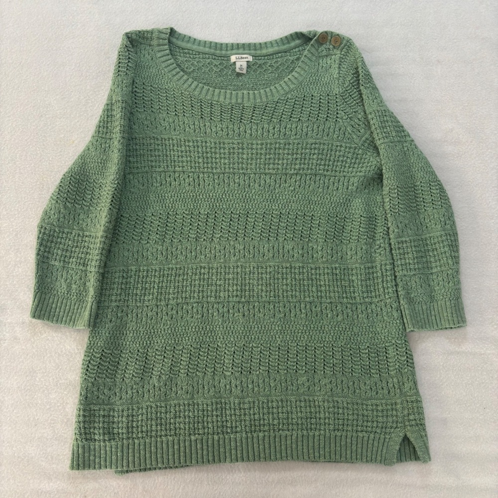 LL Bean Womens Sage Green 100% Cotton Textured Knit Button Shoulder Sweater M